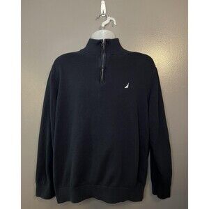 Nautica Sweater Mens XL Navy Blue 1/4 Zip Mock Neck Cotton Logo Knit Pullover